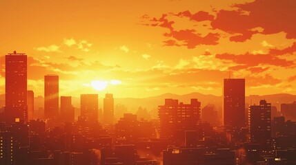 都会の高層ビルのシルエット、夕日6