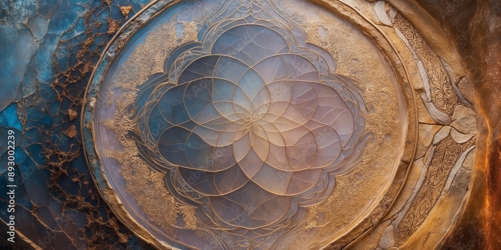 Canvas Prints A circular stained glass window with a floral pattern in shades of blue, purple, and gold