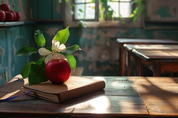 classroom desk with notebook, apple and flower in front of it, school classroom interior background, sunlight through windows, wide 