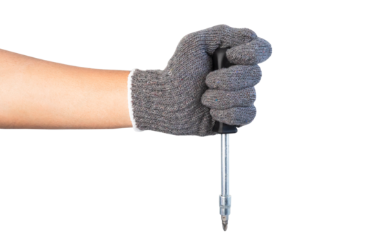 Hand in gloves holding an inverted screwdriver