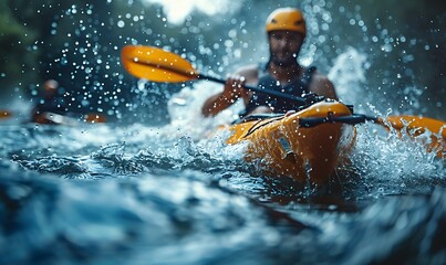 Naklejka premium Close-up of a man athlete in a canoe canoeing at a slalom competition 