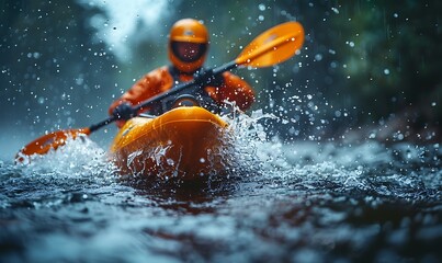 Fototapeta premium Close-up of a man athlete in a canoe canoeing at a slalom competition 