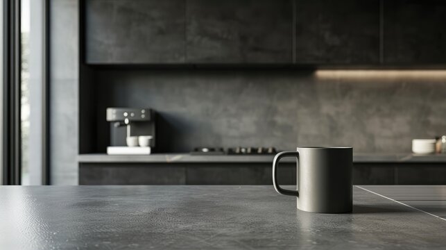 Stylish coffee cup on island or countertop in contemporary kitchen. Dark grey kitchen interior details.