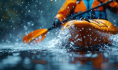 Fototapeta premium Close-up of a man athlete in a canoe canoeing at a slalom competition 