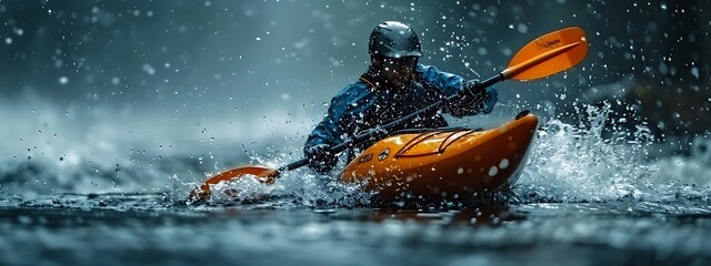 Fototapeta premium Close-up of a man athlete in a canoe canoeing at a slalom competition 