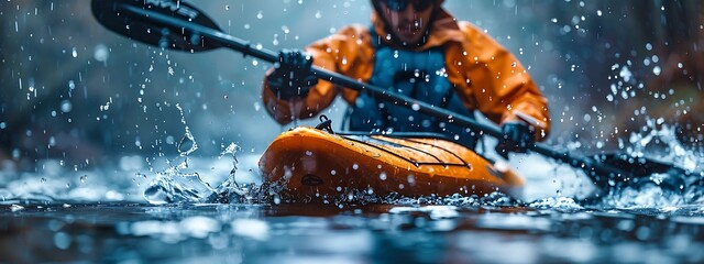 Fototapeta premium Close-up of a man athlete in a canoe canoeing at a slalom competition 