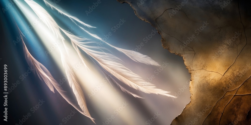 Sticker Light rays illuminate white feathers on a golden brown background