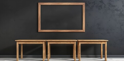 Dark grey wall with blackboard and wooden school desks,