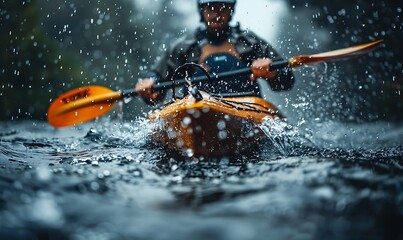 Fototapeta premium Close-up of a man athlete in a canoe canoeing at a slalom competition 