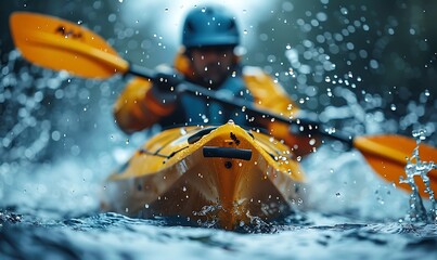 Fototapeta premium Close-up of a man athlete in a canoe canoeing at a slalom competition 