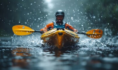 Fototapeta premium Close-up of a man athlete in a canoe canoeing at a slalom competition 