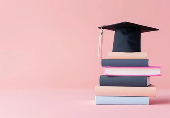 Elegant education concept with graduation cap on pink books against copy space background,
