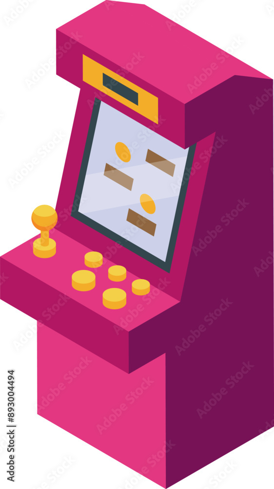 Poster retro arcade game showing playing screen with joystick and buttons, isometric view