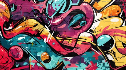 Fototapeta premium Colorful graffiti painting adorns a textured brick wall creating a striking urban art display
