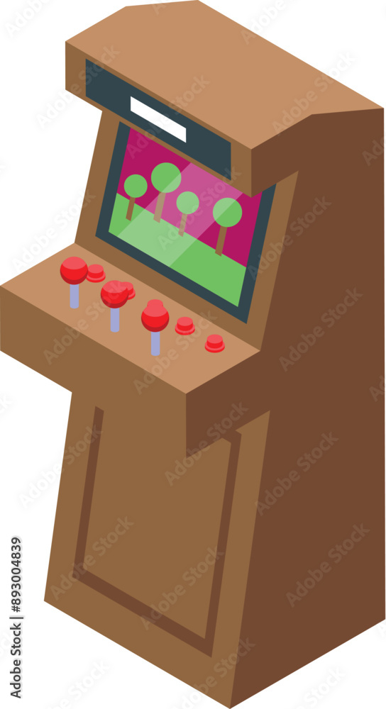 Poster arcade game machine with joysticks and buttons is displaying pixelated landscape on a screen