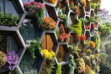 Fototapeta premium Avant-garde green building with an exterior resembling a honeycomb, filled with colorful flowering plants and herbs growing in each hexagonal cell 