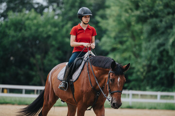 A young girl is riding a horse at a ranch, wearing a red shirt and helmet for safety against a natural green backdrop.