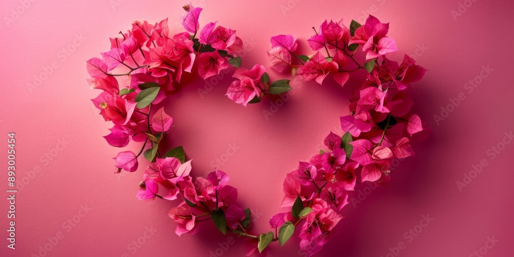 Poster bougainvillea arranged in heart shape on magenta solid color background with copy space -