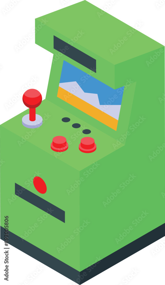 Poster green arcade game machine with red buttons and a joystick displaying gaming level