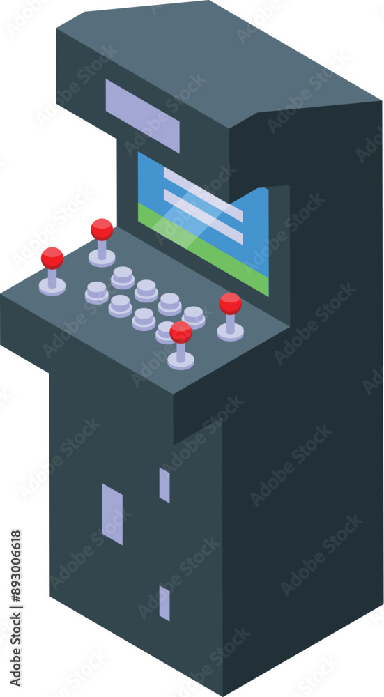 Poster arcade game machine displaying gaming interface with joysticks and buttons