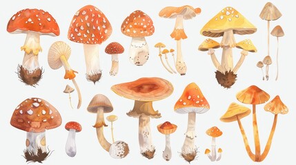 Cute mushrooms collection. White background. Watercolor illustrations