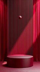 close up, small round empty podium in a rich burgundy studio backdrop , product placement mockup