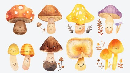 Cute mushrooms collection. White background. Watercolor illustrations