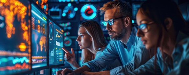 Team of programmers analyzing data on computer screens.