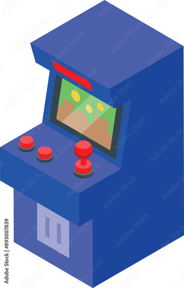 Poster blue arcade game machine displaying game over screen on a white background