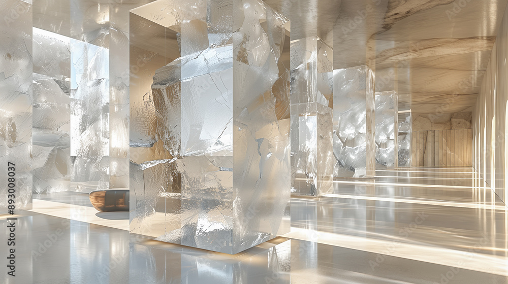 Poster crystal-inspired hallway with reflective ice-like columns..
