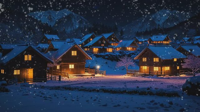 A cozy snow-covered winter village at twilight, rustic wooden cabins with warm glowing windows illuminating the snowdrifts, twinkling lights and holiday decorations creating a festive atmosphere
