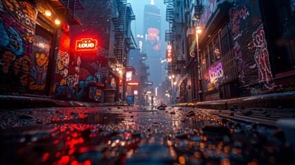 Obraz premium Cyberpunk alley with glitch effects and neon graffiti, surrounded by digital noise 