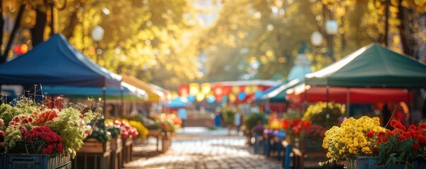Obraz premium Vibrant farmers market under sunny autumn trees.