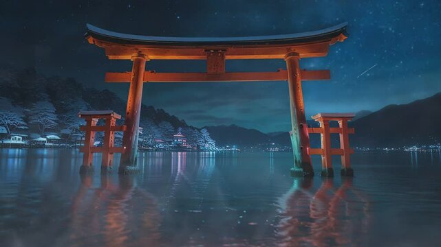 A majestic torii gate shimmering in still waters at night, bordered by vibrant cherry blossoms, with classic Japanese structures glowing warmly, forming an enchanting scene.