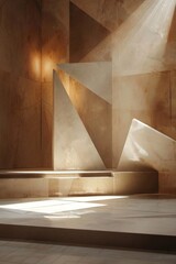 A stage with a plain, neutral-colored floor and backdrop, featuring a few strategically placed geometric shapes or panels in muted tones.