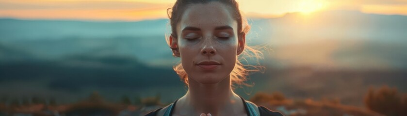 Woman with closed eyes, serene expression, sunset background.