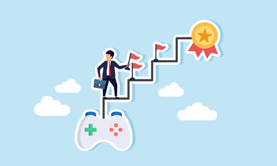 Gamification a business strategyand achievements to engage customers and motivate winning, concept of A joyful businessman climbs stairs from a gaming joystick to achieve his target