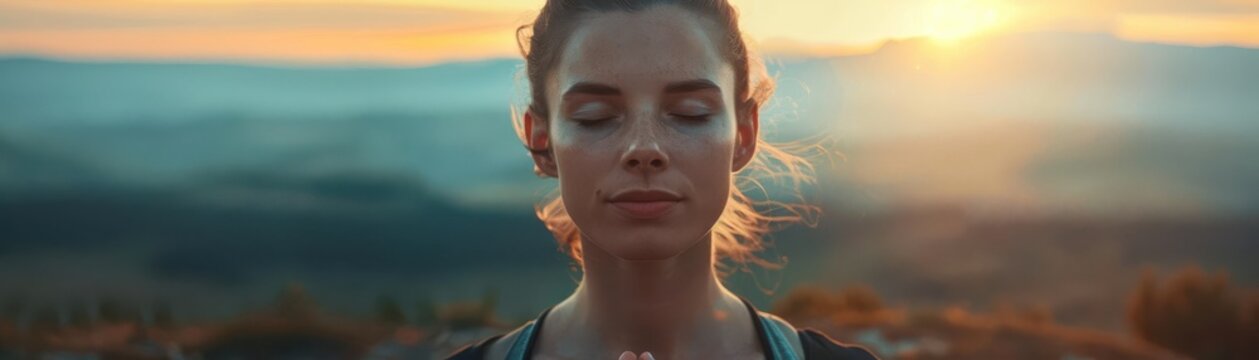 Woman with closed eyes, serene expression, sunset background.
