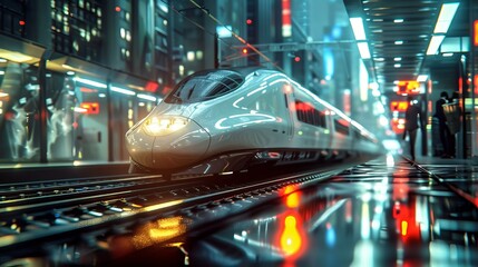 A High Speed Train Traveling Down a Track in a City at Night With People and Buildings in the Background - Generative AI