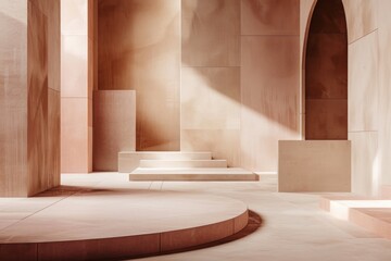 A stage with a plain, neutral-colored floor and backdrop, featuring a few strategically placed geometric shapes or panels in muted tones.