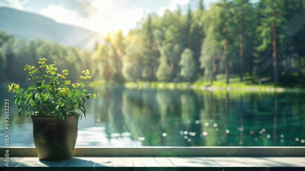 Canvas Prints Flower pot on windowsill, lake and forest in summer sunlight