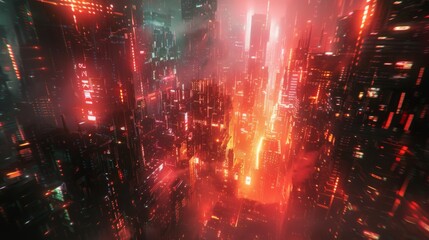 Fototapeta premium Glitchy futuristic city with fragmented skyscrapers and distorted neon signs, surrounded by digital noise 