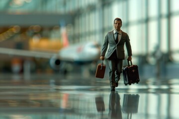 Fototapeta premium A mini figure businessman rushing through an airport terminal, with a suitcase in one hand and a briefcase in the other, and planes visible through the windows.