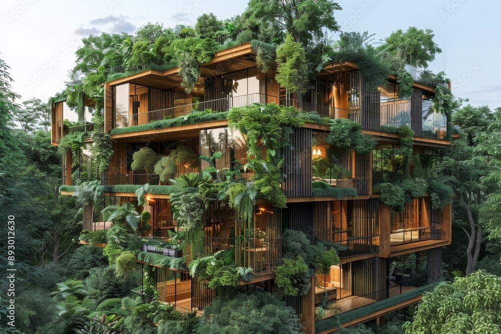 Poster green building designed to resemble a giant treehouse, with multiple levels connected by wooden walk