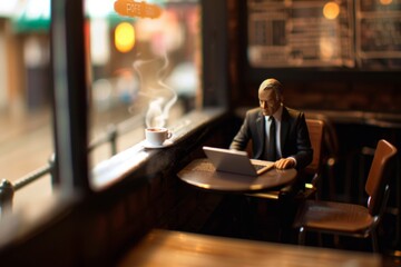 A mini figure businessman sitting at a small table in a cozy coffee shop, laptop open, a cup of coffee steaming beside him. 