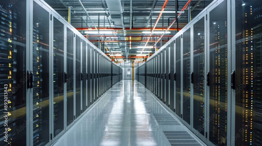 Poster large-scale server room featuring multiple rows of high-density racks, advanced fire suppression sys