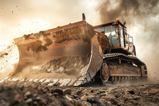 Massive bulldozer with sharp blade moving earth in a construction site, with dust clouds and heavy machinery in the background 9d