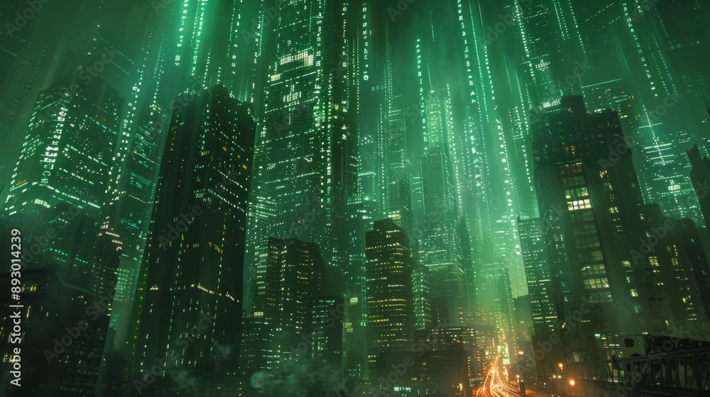 Poster matrix-inspired abstract skyline with cascading green code and floating holographic windows