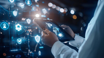 Person holding tablet shows world map and digital security icons. Suitable for technology, cybersecurity, global connectivity concepts in design projects.