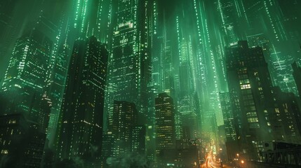Matrix-inspired abstract skyline with cascading green code and floating holographic windows 